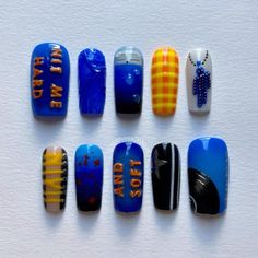 Custom Press-On Nail Set Inspired by the new album and tour of Billie Eilish Concert Nails, Short Square Acrylic Nails, Pretty Gel Nails, Soft Nails, Square Acrylic Nails, Cute Nail Designs, Funky Nails, Chic Nails, Dope Nails