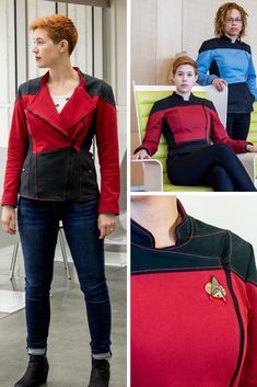 three pictures of women in different outfits, one is wearing a red jacket and the other has black pants