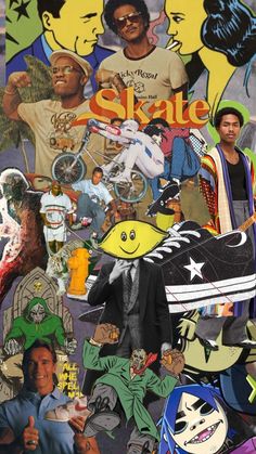 a collage of skateboarders and their artwork