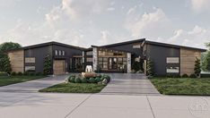 this is an artist's rendering of a modern house with large front yard and landscaping