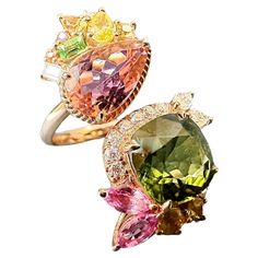 We handpick these stunning, beautiful green and pink tourmalines. Accompanied by brilliant yellow, green, and pink colored moissanite, this custom-designed twin gemstones statement ring is simply unique and one-of-a-kind. The fancy color burst of pink and green combination can easily match any outfit. Perfect for everyday wear. ◆ GEMSTONE: Natural Tourmalines, Colored Mossainites ◆ WEIGHT OF GREEN TOURMALINE: 2.81 Ct (Certified) ◆ WEIGHT OF PINK TOURMALINE: 1.345 Ct ◆ SIZE OF GREEN TOURMALINE: 8.3 x 8.3 mm ◆ SIZE OF PINK TOURMALINE: 9.8 x 6.5 mm ◆ ENHANCEMENT: No Treatment ◆ CLARITY OF TOURMALINE: Eye Clean ◆ BRILLIANCE OF TOURMALINE: GREAT ◆ PRECIOUS METAL: 14k Rose Gold ◆ WEIGHT OF GOLD: 4.59 g ◆ US Size: 6 (ship within 1 - 3 days) ◆Other sizes made to order (ship within 4 - 9 days) * Ge Colored Moissanite, Green Combination, Color Burst, Pink Tourmaline Ring, Paraiba Tourmaline, Tourmaline Crystal, Green And Pink, Neon Blue, Healing Powers