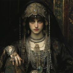 a woman in an ornate dress with jewelry on her head and hands near her face