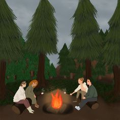 three people sitting around a campfire in the woods