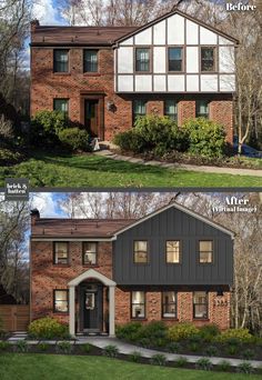 before and after pictures of a brick house with white trim, windows, and siding