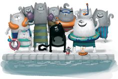 a group of cartoon cats standing next to each other on a pier near the water