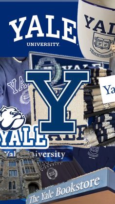 collage of images from the yale university logo and other college related items, including books