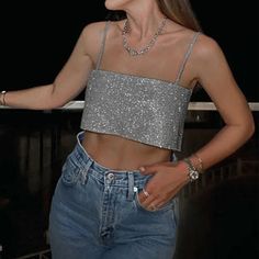 Silver Sparkle Evening Top Lurex Top, Y2k Crop Top, Breathable Clothes, Sequin Crop Top, Evening Tops, Cropped Tops, Club Style, Solid Clothes, Fashion Tops