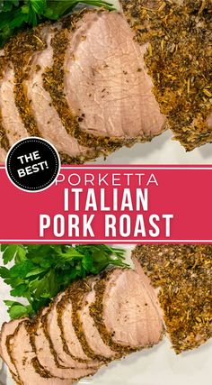 pork roast with parsley on top and the title overlay reads, pooketta italian pork roast