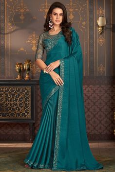 Larissa Bonesi Satin Silk Fabric Teal Color Fantastic Border Work Sare Green Sari, Reception Saree, Designer Silk Sarees, Designer Sarees Online, Green Saree, Art Silk Sarees, Trendy Sarees, Chiffon Saree, Party Wear Sarees