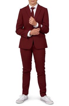 Crisp and smart, this burgundy two-piece suit includes flat-front pants, a clip-on tie and a look that keeps your child dapper at any occasion. Jacket has two-button closure; notched lapels; nonfunctional four-button cuffs; chest pocket; front flap pockets; side vents Trousers have zip fly with button-tab closure; front slant pockets; back welt pockets Lined 100% polyester Machine wash, line dry Imported Suit Tie, Hooded Flannel, Teen Boy Outfits, Boss Shirts, Flat Front Pants, Polo Jeans, 3 Piece Suits, Teen Boy