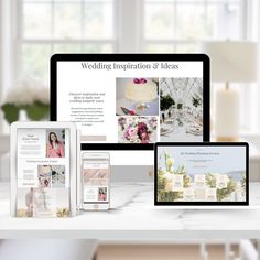 the wedding website is displayed on multiple devices and laptops, along with other items