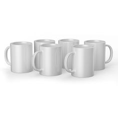 six white coffee mugs lined up in a row on a white surface, with one empty