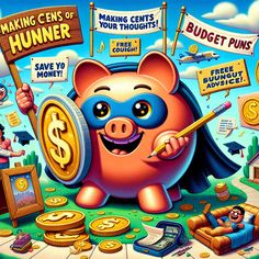 a cartoon pig holding a sign and some money