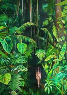 a painting of a dog in the middle of a jungle with lots of green plants