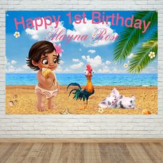 a birthday card featuring a baby and chickens on the beach