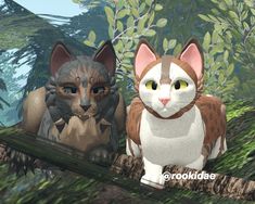 two animated cats standing next to each other on a tree branch in front of trees