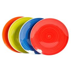 four different colored plates stacked on top of each other