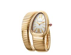 Serpenti Tubogas Single Spiral Watch In 18 Kt Yellow Gold Case And Bracelet, Bezel Set With Brilliant Cut Diamonds And White Opaline Dial. Serpenti Tubogas Watch, Bvlgari Watch, Bvlgari Gold, Bulgari Watch, Bulgari Serpenti, Women In White, Bvlgari Serpenti, Watch Women, House Gifts