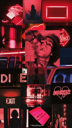 the collage shows neon signs and people in different rooms, including a woman's face