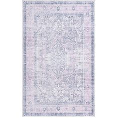 a light blue and pink rug with an ornate design on the bottom, in front of a white background