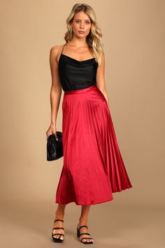 Turn any day into a chic day with the Lulus Fashionable Babe Bright Red Satin Pleated Midi Skirt! Sleek and satiny woven fabric falls from a fitted high waist into a twirly, pleated midi skirt. Pair with a well-loved graphic tee and slides for a casual-chic vibe, or a button-up blouse for a more polished look! Hidden side seam zipper/clasp. Fit: This garment fits true to size. Length: Mid-calf length. Size small measures 31.5" from waist to hem. Waist: Fitted - very fitted at natural waist. Hip: Dinner With Friends Outfit, Red Satin Skirt, Cute Valentines Day Outfits, Satin Skirt Outfit, Red Pleated Skirt, Pretty Skirts, Valentine's Day Outfit, Satin Color, Dinner Outfits