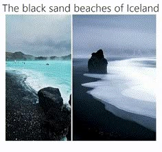 black sand beaches of iceland with people swimming in the water and on the rocks at the beach