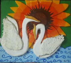 a painting of two white swans in front of a sunflower