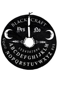 a black and white clock with writing on the front, in gothic style font that reads'black craft '