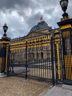 an iron gate with yellow and black decorations on it, in front of a large building