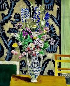 a painting of flowers in a vase on a table