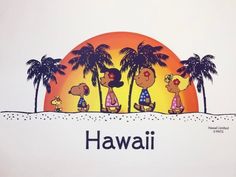 a sign that says hawaii with cartoon characters on it and palm trees in the background