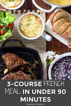 the cover of 3 course french meal in under 90 minutes, including meats and vegetables