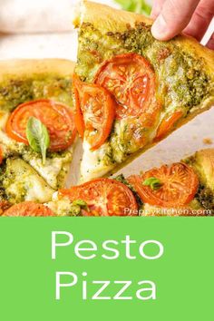 a person holding a slice of pesto pizza with tomatoes and basil on the top