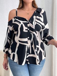 Women Plus Size Simple Random Printed Daily Shirt Multicolor Casual  Three Quarter Length Sleeve Woven Fabric Colorblock,All Over Print Shirt,Top Non-Stretch  Women Plus Clothing, size features are:Bust: ,Length: ,Sleeve Length: Bishop Sleeve, Women Plus Size, Plus Size Blouses, Print Shirt, Shirt Top, Plus Size Tops, Striped Shirt, Three Quarter, All Over Print