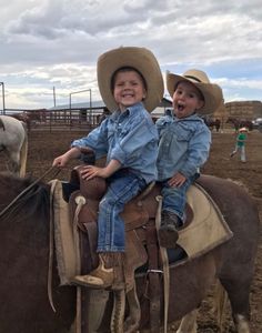 two young boys riding on the back of a brown horse