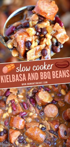 slow cooker kielbasa and bbq beans recipe with text overlay that reads slow cooker kielbasa and bbq beans