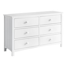 a white dresser with four drawers and two doors on the top shelf, against a white background