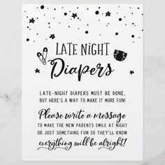 a black and white poster with the words late night diapers written in cursive writing