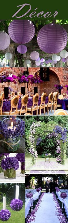 purple and white wedding decor with paper lanterns