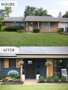 before and after photos of a house with grass on the roof, front door and side porch