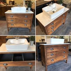 four different views of a sink and drawers