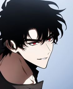 an anime character with red eyes and black hair