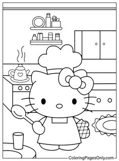 hello kitty cooking in the kitchen coloring page