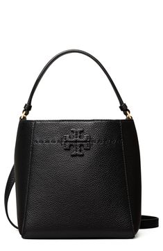 A stacked-T logo appliqué and a line of running stitches detail this pebbled-leather bucket bag that can be slung on the shoulder or across the body. Style Name:Tory Burch Mcgraw Small Leather Bucket Bag. Style Number: 6097593. Tory Burch Bucket Bag, Small Bucket Bag, Mini Bucket Bags, Bucket Bags, Womens Designer Handbags, Tory Burch Handbags, Designer Crossbody Bags, Leather Bucket Bag, Leather Bucket