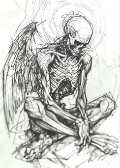 a drawing of a skeleton sitting on the ground