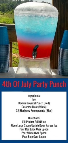 the 4th of july party punch is on display in front of a wooden fence with blue and