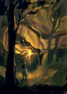 a person standing in the middle of a forest at night with an orange light shining on them