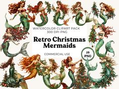 the retro christmas mermaids clipart pack is available for use on personal and commercial use