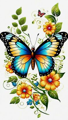 a blue butterfly with yellow flowers and green leaves on it's wings is flying in the air