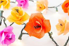 multicolored flowers are arranged on a white surface with string lights in the background